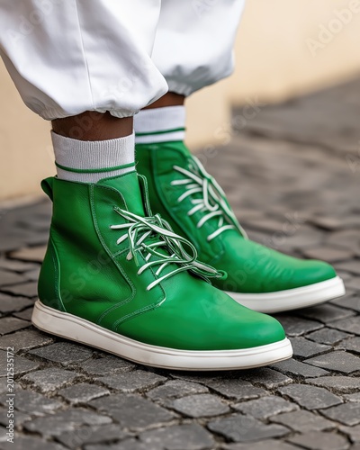 Bright green boots stand out in a cobblestone street during a fashion scene