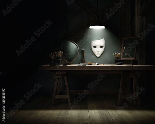 Crafting art in a dark space with a mask and tools arranged on a wooden table during an evening setting