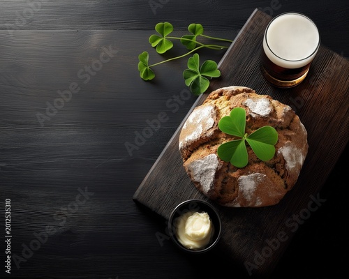 Gourmet food scene with brown bread, butter, and a glass of stout surrounded by green clover on a dark wooden surface