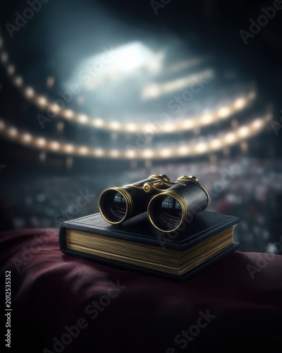 Luxury theater setting with binoculars and a book creates an inviting atmosphere for entertainment enthusiasts