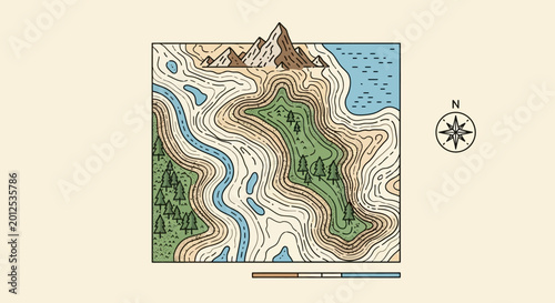 Topographic Map: Mountains, River, Forest, Ocean, Compass Rose Icon