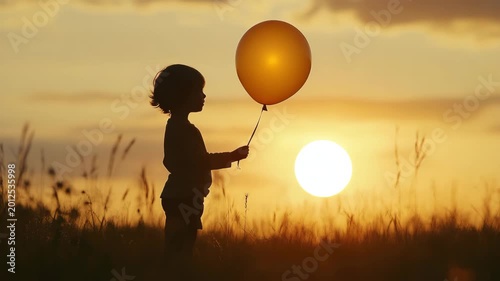Silhouette of Child Holding Balloon at Sunset Emotional Cinematic Scene