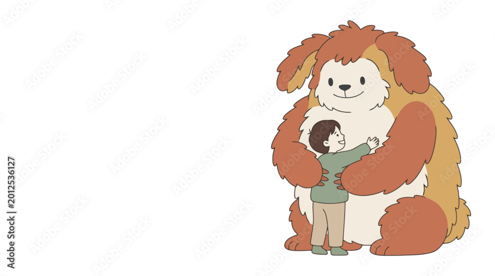 Fototapeta premium A fluffy, friendly creature with brown and cream fur gently hugs a small child.