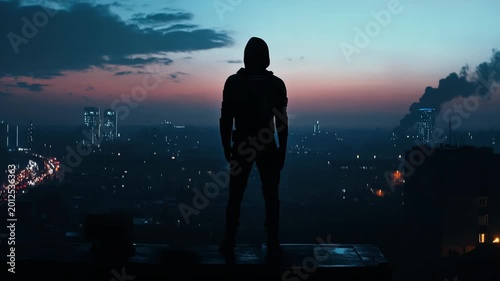 Silhouette of Hooded Person Overlooking City at Dusk Cinematic Urban Scene