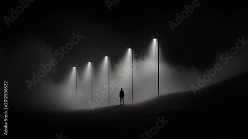 Lonely Person Walking Under Street Lights in Foggy Night Minimal Cinematic Scene