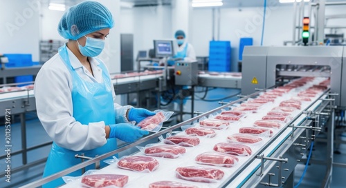 Masked worker inspects sealed meat portions on chilled food production line, showing hygiene, safety and quality control in modern processing plant.