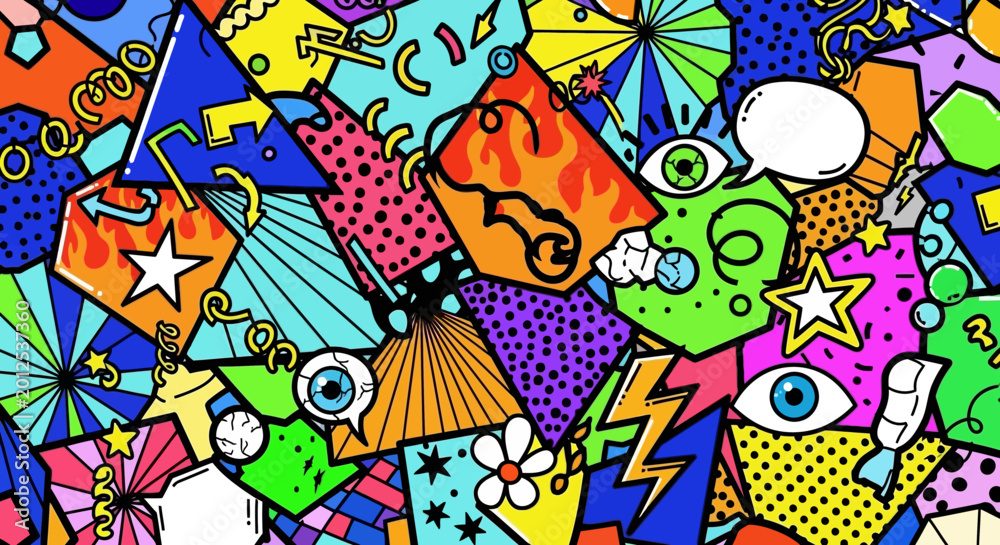 Obraz premium Retro Pop Art Explosion: Psychedelic Collage of Shapes, Eyes, and Stars