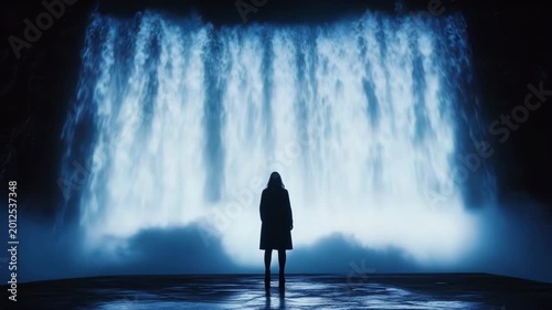 Silhouette of Woman Standing Before Glowing Waterfall Cinematic Night Scene
