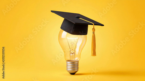 Creative lightbulb wearing a black graduation cap on a bright yellow background representing smart education ideas