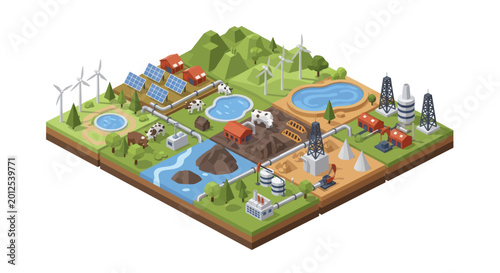 Foto Isometric illustration of a sustainable energy landscape with diverse power sources
