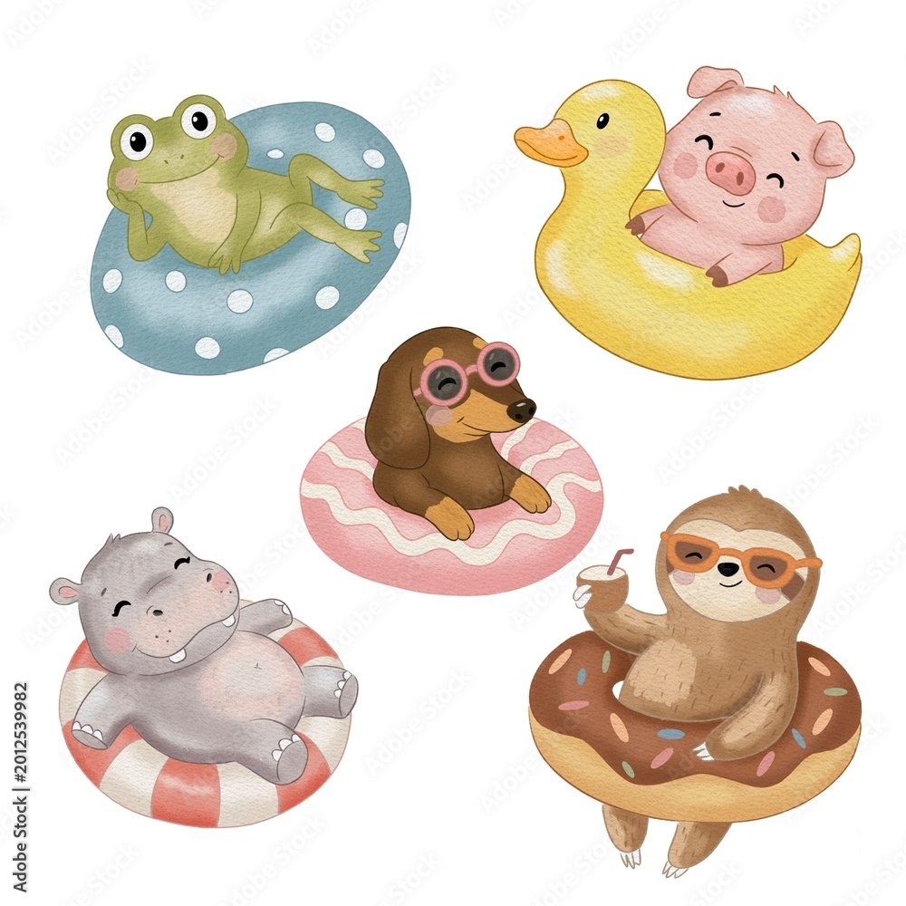 Fototapeta premium Cute animals on pool floats set: frog, pig on duck, dachshund in sunglasses, hippo and sloth on donut ring.
