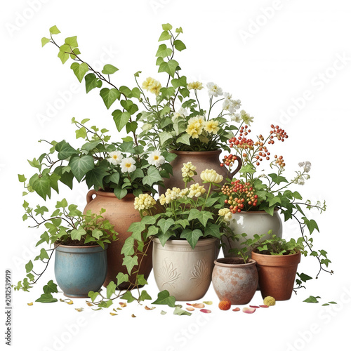 Group of assorted ceramic pots containing green ivy plants yellow and white flowers and red berries isolated on a black background