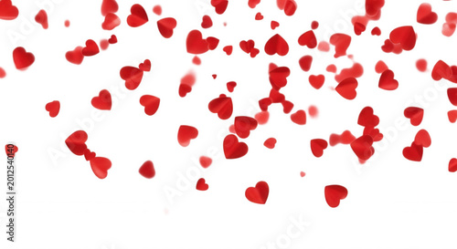 Many small red paper hearts falling down against a solid black background creating a festive atmosphere for romantic holidays and events