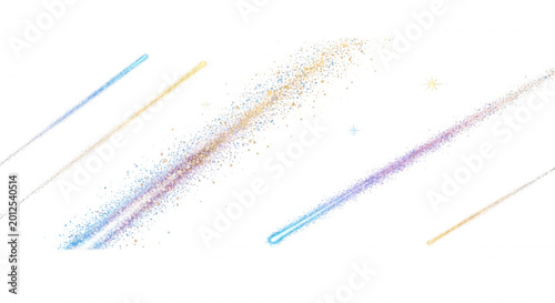 Multiple diagonal streaks of light and sparkling particles in blue gold and purple colors isolated on a solid black background