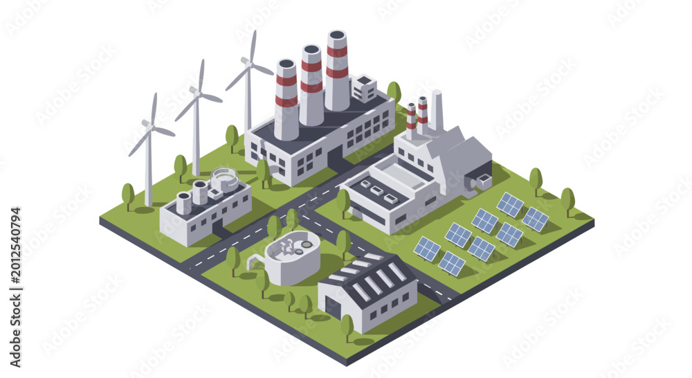 Naklejka premium Isometric Industrial Complex with Renewable Energy Sources.