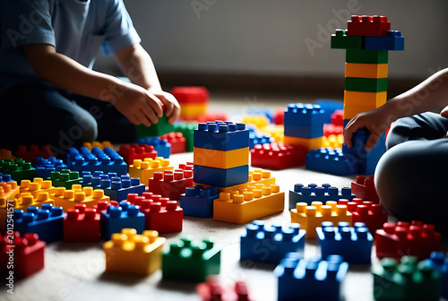 Two children are building a tower of LEGO bricks on a wooden floor.