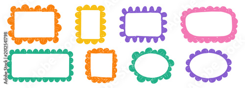 Scribble crayon doodle scalloped frames set. Chalk grunge girly blobs for text. Fluffy, wiggle label, stamp. Wavy whimsical edges curly doodle border.