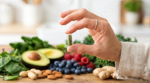 Dietary supplementation and natural nutrition concept with herbal capsule and fresh superfood ingredients.