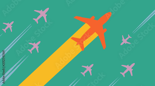 Картината върху платно Colorful planes in a teal sky, one orange plane leading with a yellow trail