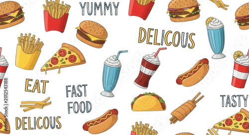 Seamless pattern of fast food including burgers pizza slices fries hot dogs tacos and milkshakes on a black background