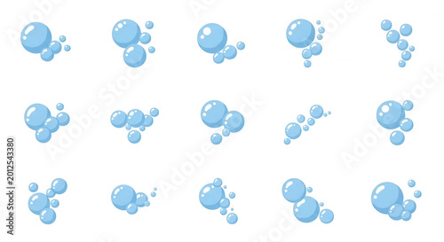 Set of fifteen clusters of light blue soap bubbles arranged in a grid pattern isolated on a solid black background for