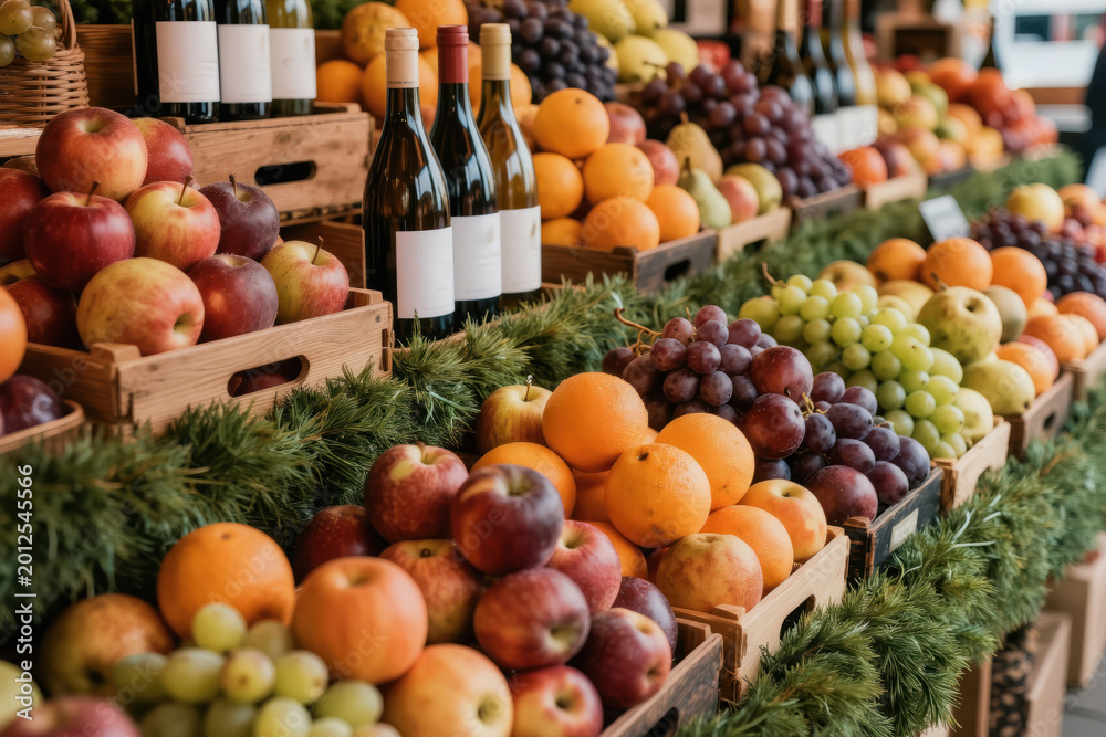 Obraz premium Fresh fruits, wine bottles arranged attractively at market stall with green pine branches. Variety of apples, oranges, grapes displayed in wooden crates. Scene evokes sense of abundance, local
