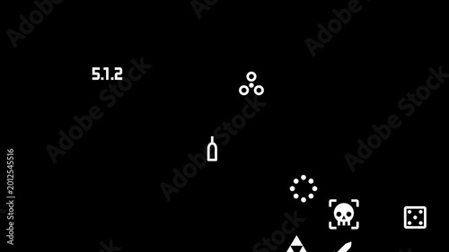 Animated minimalistic icons on a black background. Moving white symbols: skull, knife, dice, bottle. User interface elements for games.