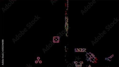 Strong digital distortion with moving game symbols. A simulation of hacking a cybersecurity system with crash icons.