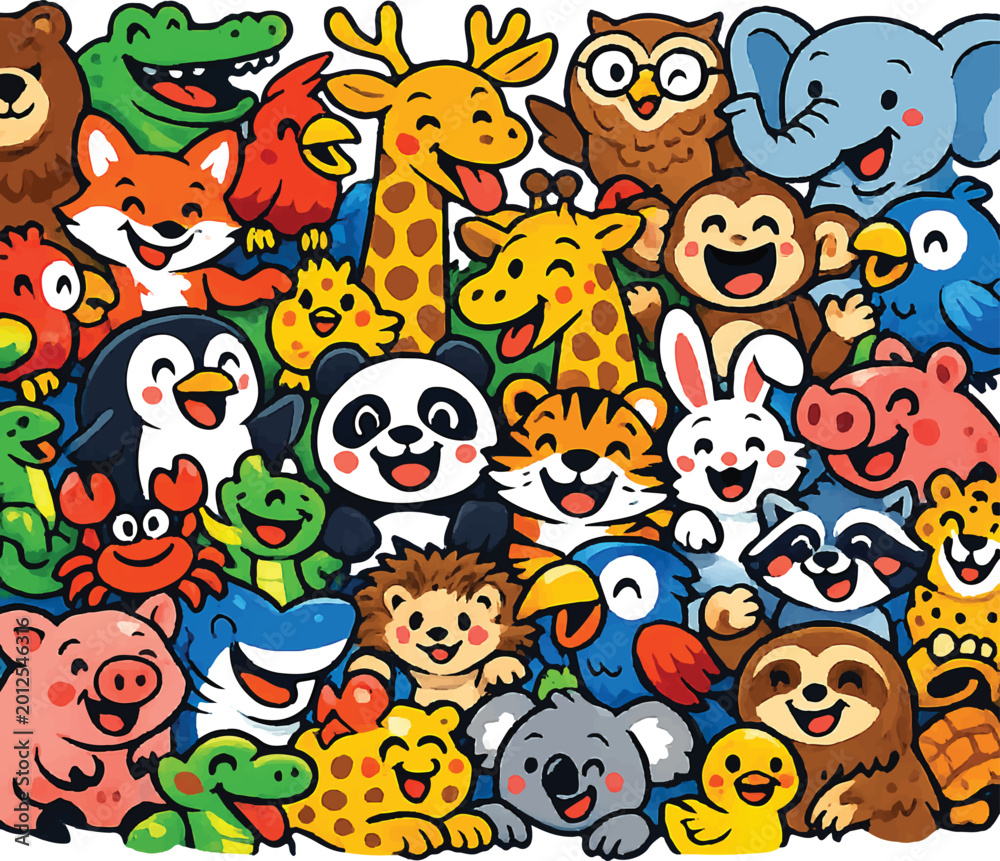 Fototapeta premium Cartoon Animal Crowd Seamless Vector – Diverse Species Packed Chaos, Expressive Faces, Playful Characters, Bold Primary Colors, Clean Flat Illustration white background