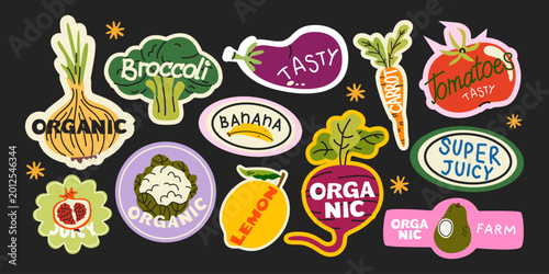 Quadro em tela Vegetables and fruits label stickers in trendy cartoon style