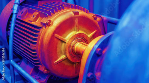 Electric motor close up with thermal imaging effect showing heat distribution, Energy Efficiency Engineering