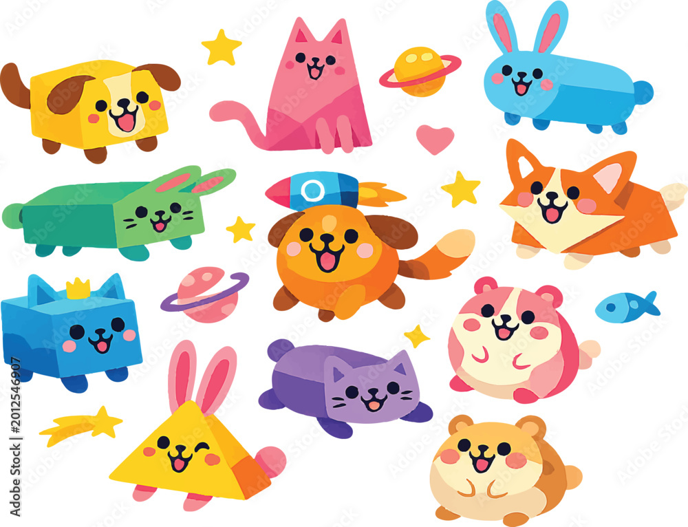 Fototapeta premium Whimsical Cartoon Pet Universe Vector – Floating Dogs Cats Rabbits Hamsters, Geometric Shapes, Vibrant Pop Colors, Cute Expressive Faces, Modern Naive Style, Isolated Clipart Set