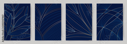 Set of abstract blue backgrounds with a gold line art pattern of geometric floral shapes. Elegant vector 
 for invitations, covers, cards, wallpapers, advertising, packaging and print