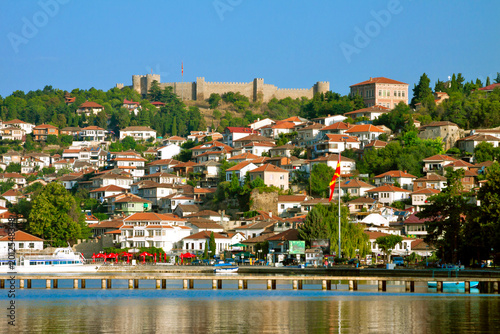 Macedonia - Ohrid - Panorama of Ohrid old town with Ohrid fortress atop and Ohrid lake on the foreground