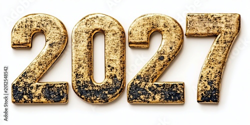 Elegant Metal Digits of 2027 on White Background, Vintage Luxurious Style with Bronze and Gold.