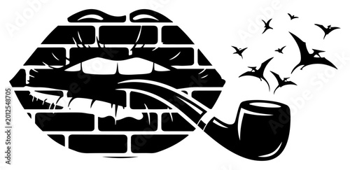 Bild auf Leinwand Human lips with brick texture smoking a pipe with pterodactyls flying out in sur