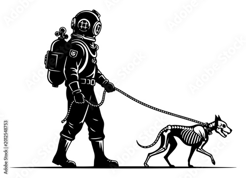 Obraz na plátne Deep sea diver walking a skeleton dog on a leash in vintage stencil style