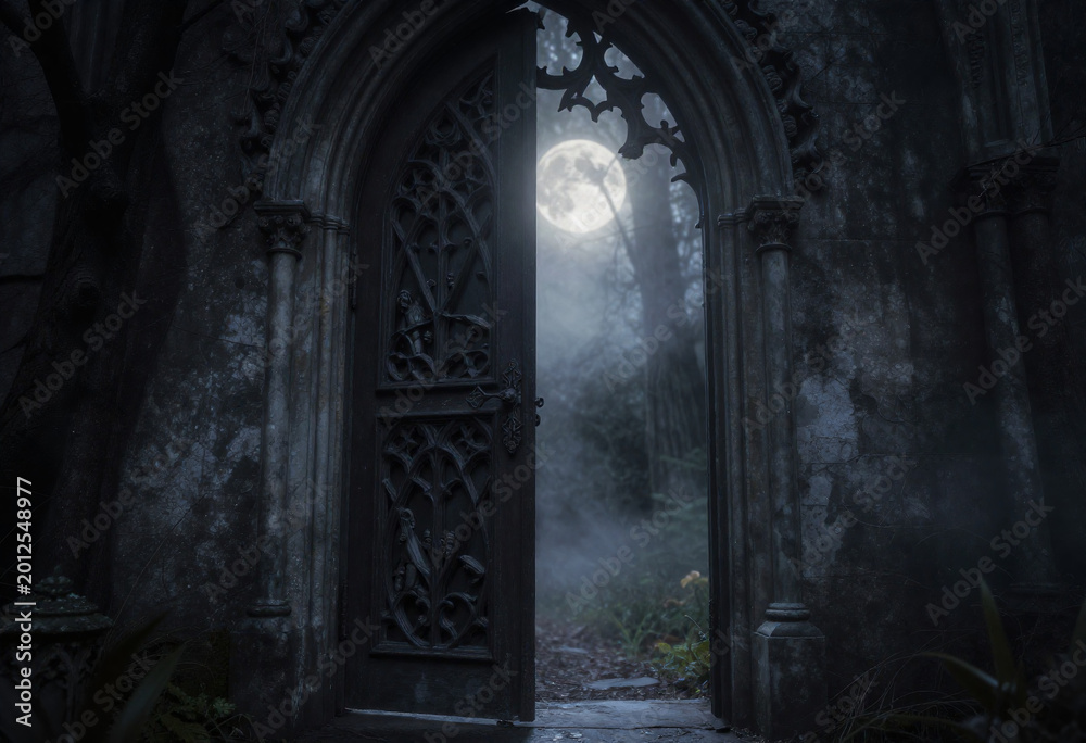 Obraz premium intricate gothic doorway framed eerie mist bathed soft moonlight opens onto shadowy forest hinting magical