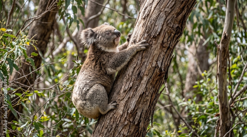Fototapeta premium Cute Koala Climbing Tree Trunk in Australian Eucalyptus Forest