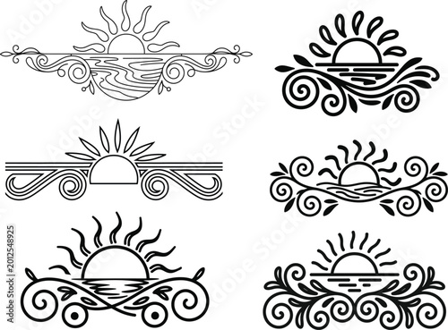 
Ornate Sun divider Fancy Lines summer Elegant, Swirling Lines sunset and sunrise tropical beach ornate border design, beach vibes Thin line calligraphy page separator decorative element
