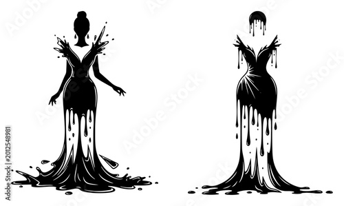 Billede på lærred Female silhouette and evening dress appearing to melt as liquid in minimalist st