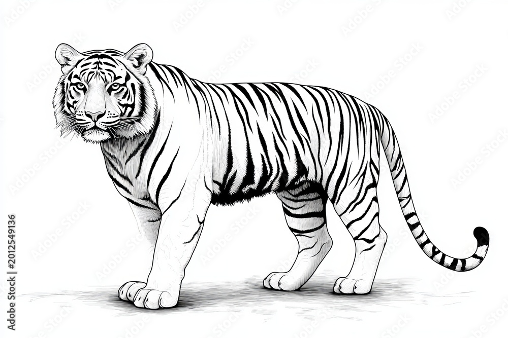 Obraz premium Realistic Art Sketch of a Bengal Tiger with Striking Stripes in a Bold Artistic Expression Style