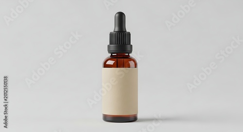 Amber Glass Dropper Bottle with Blank Label for Product Mockup on White Background.