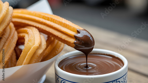 Churros with chocolate dip, sugar coating, warm lighting, street food style, cinematic close-up