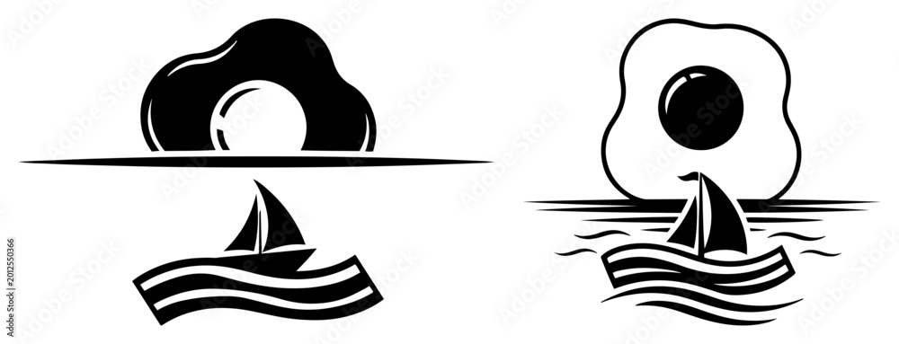 Fototapeta premium Fried egg rising like sun over ocean waves with sailboat in minimalist silhouette style