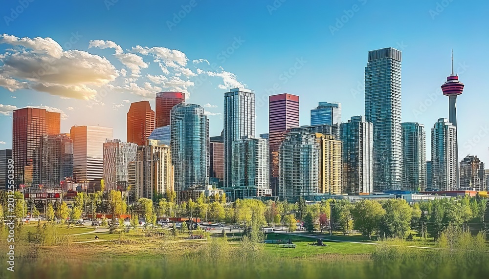 Obraz premium Calgary city skyline featuring skyscrapers, parks, and a vibrant sunset illuminating the landscape.