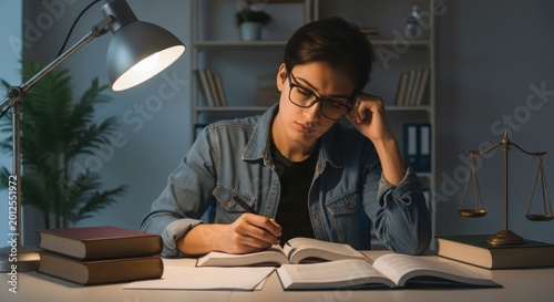 Focused young law student diligently studying late into the night with books and lamp