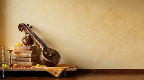 Saraswati Puja background with traditional veena instrument, stack of books, and soft yellow light, representing knowledge and music in a calm setting.
