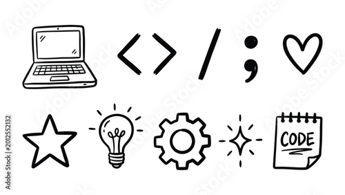 Foto Digital Doodle Delight: A collection of charming hand-drawn illustrations representing code-related icons, evoking a sense of creative programming and technological innovation