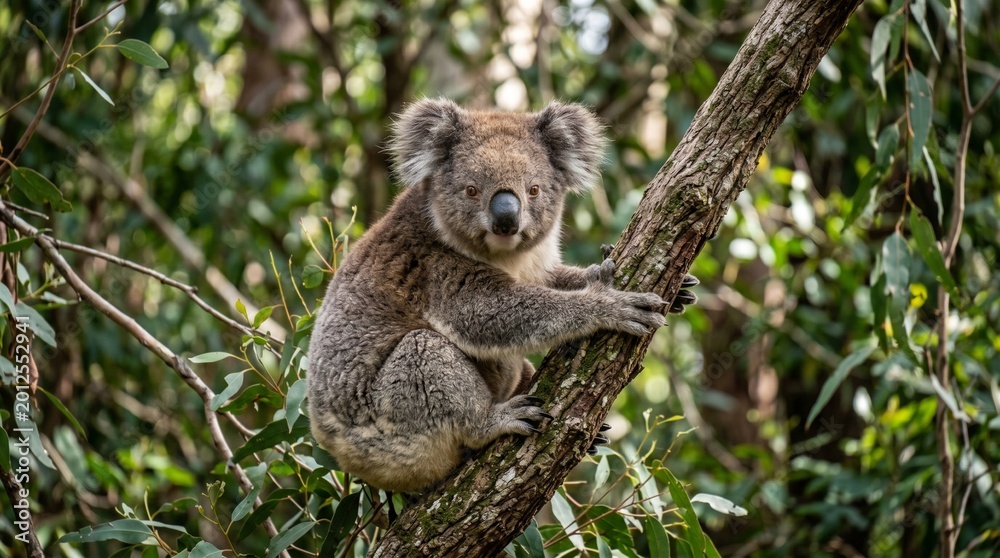 Fototapeta premium Cute Koala Sitting on Eucalyptus Tree Branch in Australian Forest